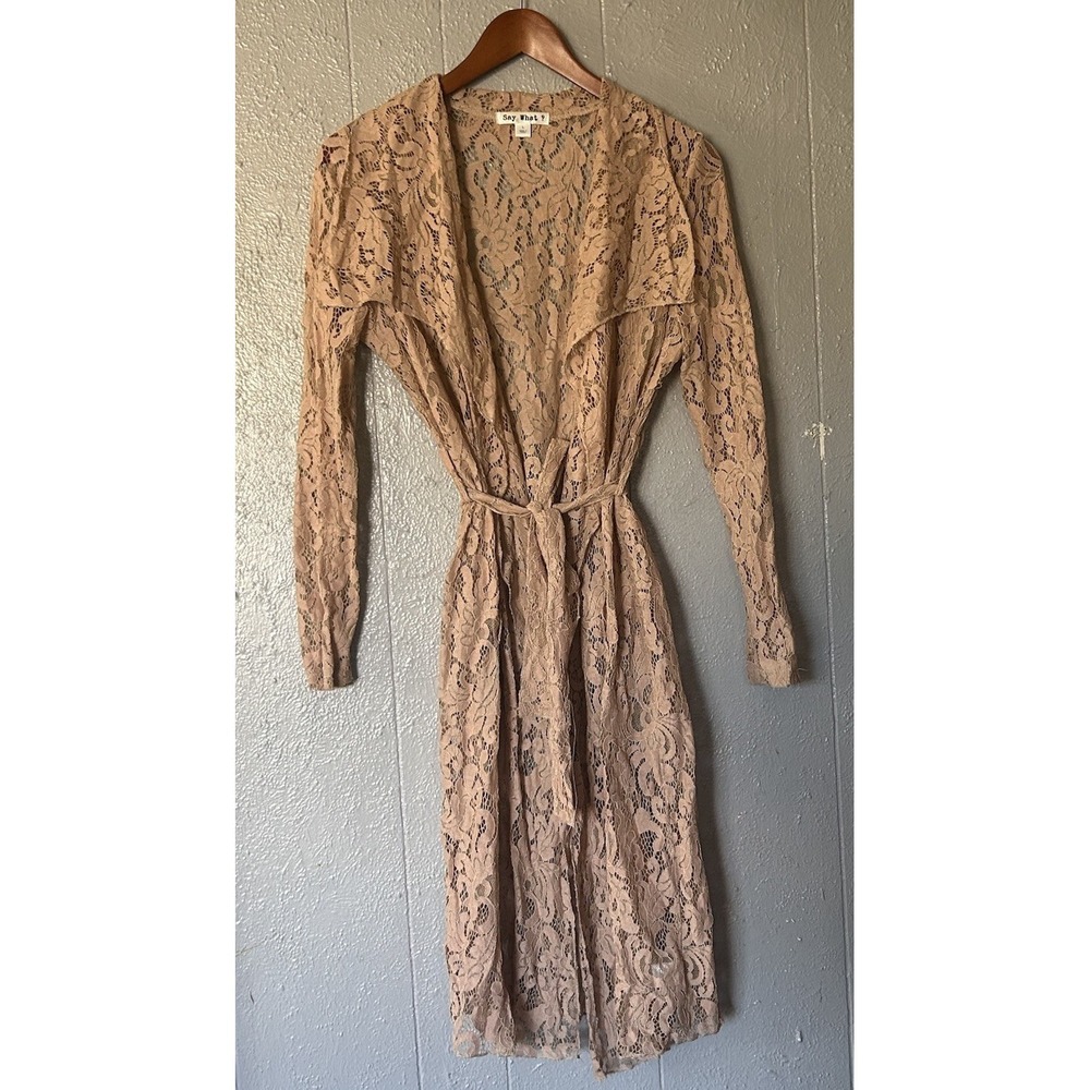 Women's Say What Long Sleeve Floral Lace Robe Duster W/Tie Size L Beige Sheer